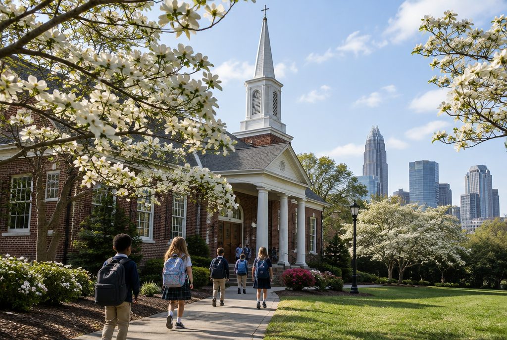 Brick church with an attached classroom wing and a playground in a Charlotte-area neighborhood