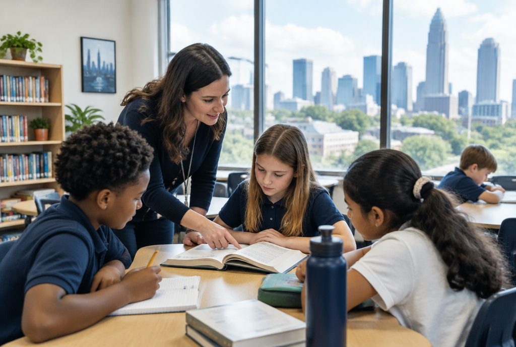 Teacher leading a small reading group in a Charlotte private school classroom