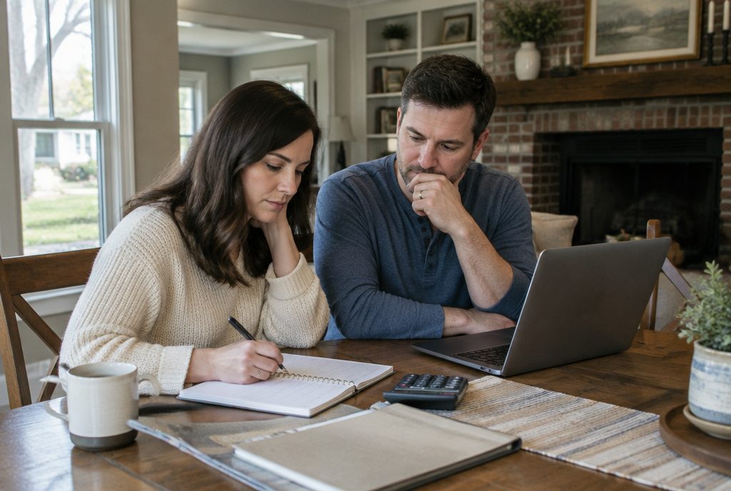 A Charlotte couple at a kitchen table comparing a private school tuition bill with scholarship paperwork