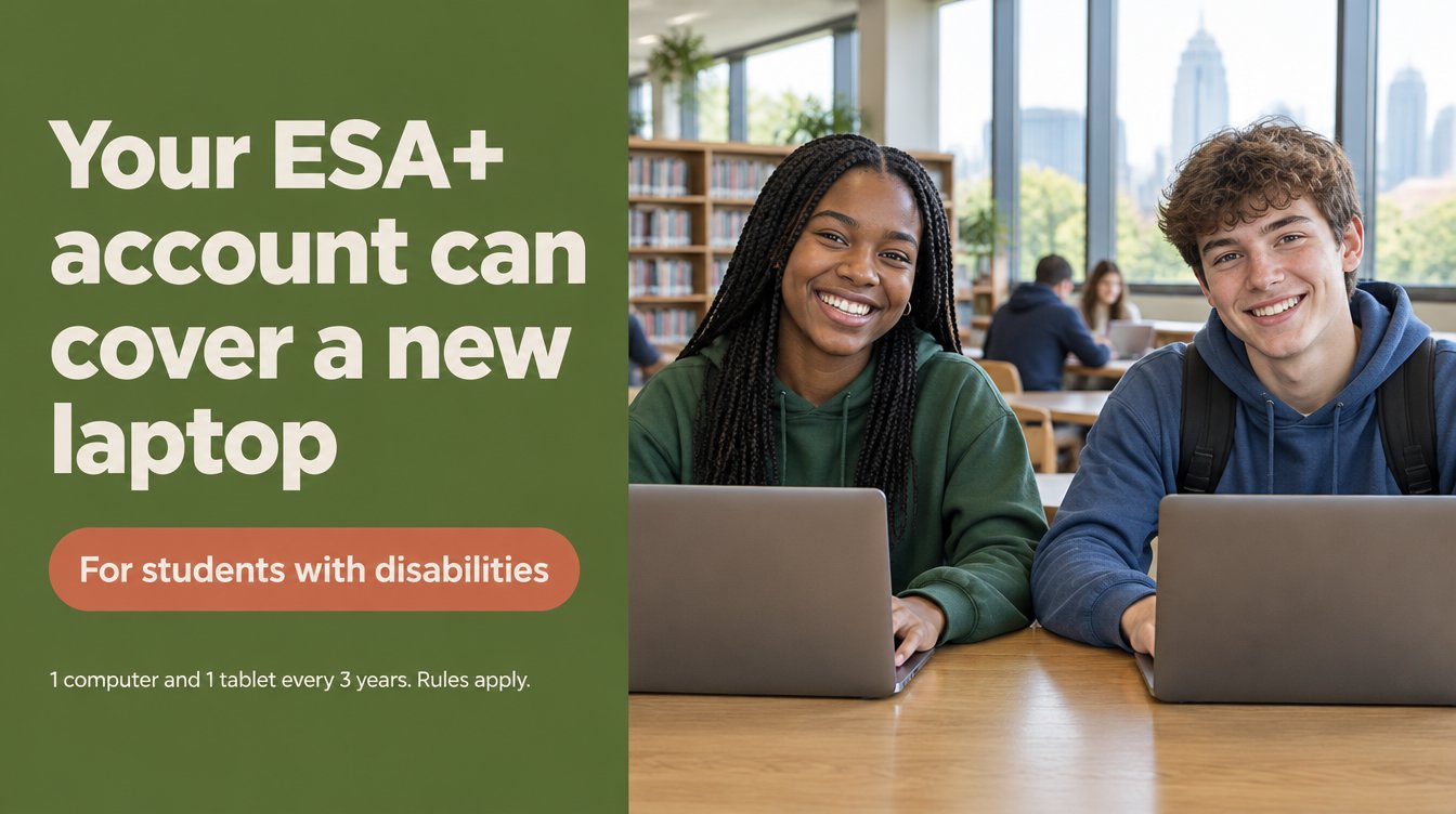 Charlotte NC ESA+ new laptop banner NC ESA+ new laptop for Charlotte students with disabilities: one computer and one tablet every three years